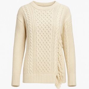 J.Crew Cable Knit Fringe Sweater XS Cream Ivory Cottagecore Boho Chunky Knit